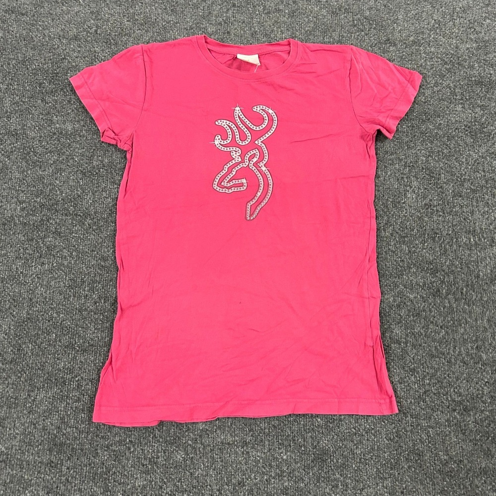 Browning T-Shirt Womens Size L Pink Rhinestone Buckmark Logo Cotton Short Sleeve
